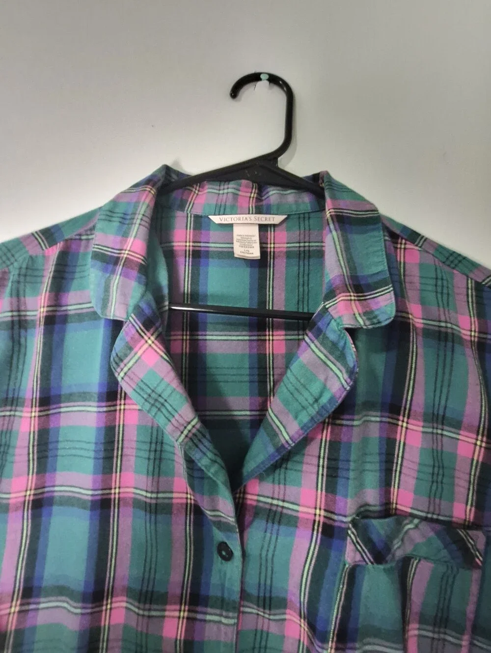 Victoria's Secret Plaid Pajama Short Set L Green Pink Cotton Modal 2pc